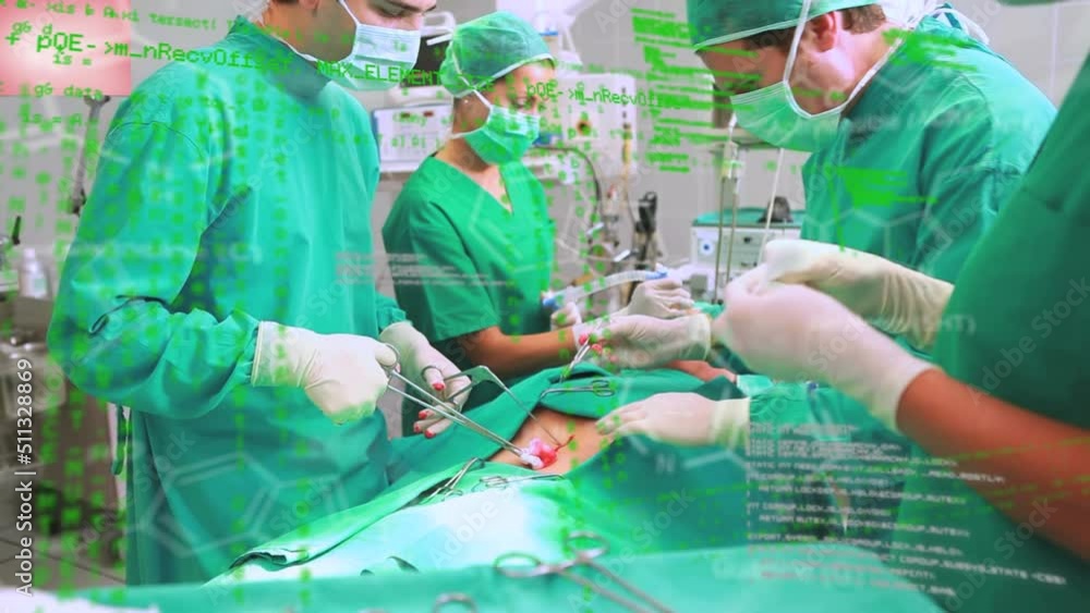 Poster animation of binary coding and data processing over diverse surgeons in operating theatre