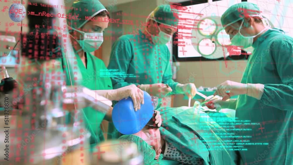 Aufkleber animation of data processing over diverse surgeons in operating theatre