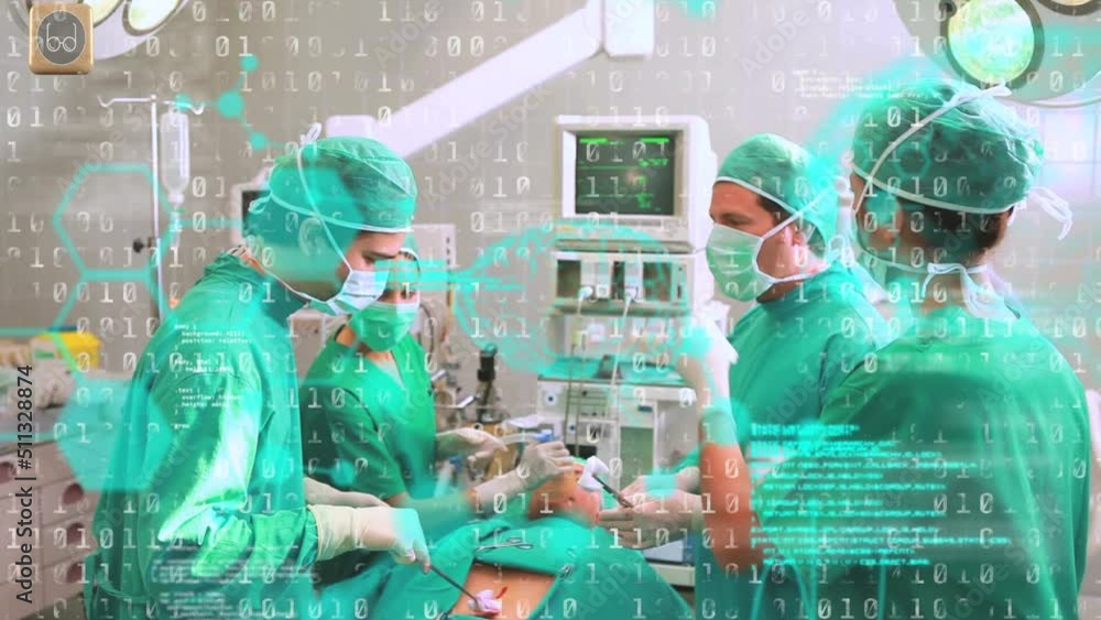 Poster animation of binary coding and data processing over diverse surgeons in operating theatre