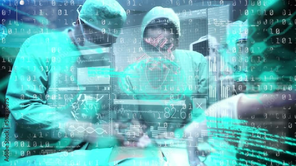 Poster animation of binary coding and data processing over diverse surgeons in operating theatre