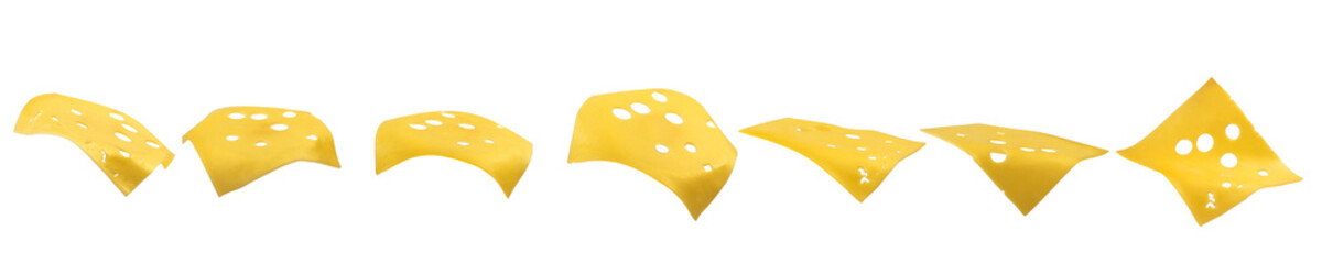 Set of pieces of cheese flying in the air on a white background. Levitating Cheese