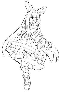 A cute girl with animal ears, drawn in the style of Japanese manga comics. She has long hair, a jacket with wide sleeves, a skirt with decorations. Outline drawing.