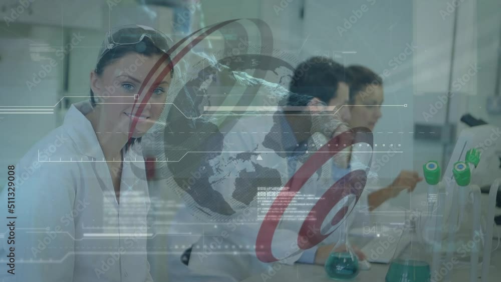 Poster animation of networks, data processing and globe over diverse scientists in laboratory