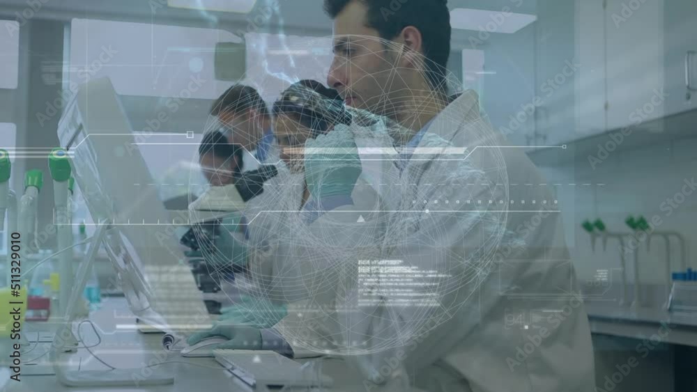 Poster animation of networks, data processing and globe over diverse scientists in laboratory