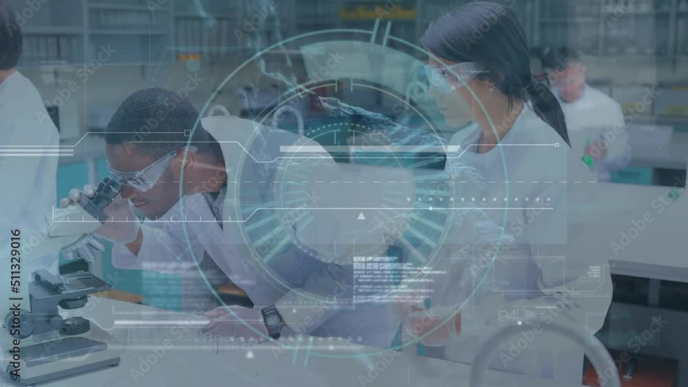 Poster animation of scope and data processing over diverse scientists in laboratory