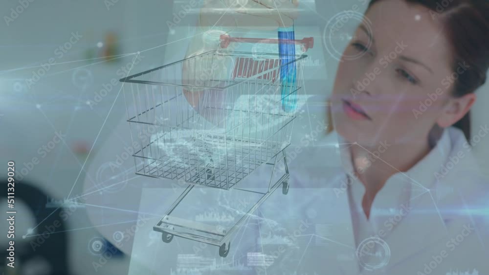 Poster animation of shopping trolley, binary coding data processing over caucasian female scientist in lab