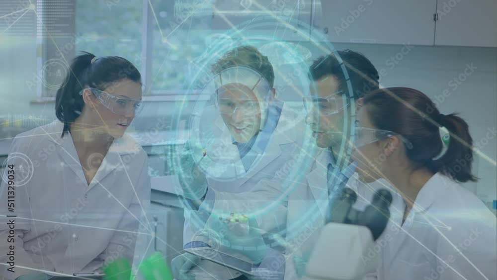 Poster animation of scope, connections and data processing over diverse scientists in laboratory