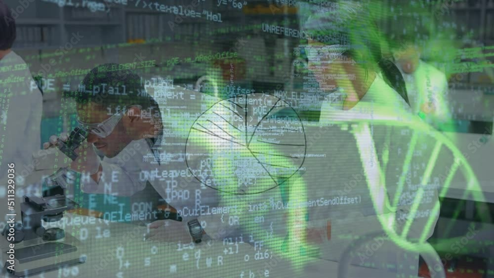 Poster animation of dna strands and data processing over diverse scientists in laboratory