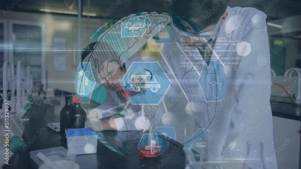 Poster animation of icons, globe, dna strand and data processing over diverse scientists in laboratory