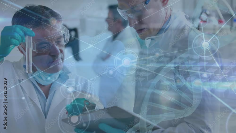 Poster animation of connections and data processing over diverse scientists in laboratory