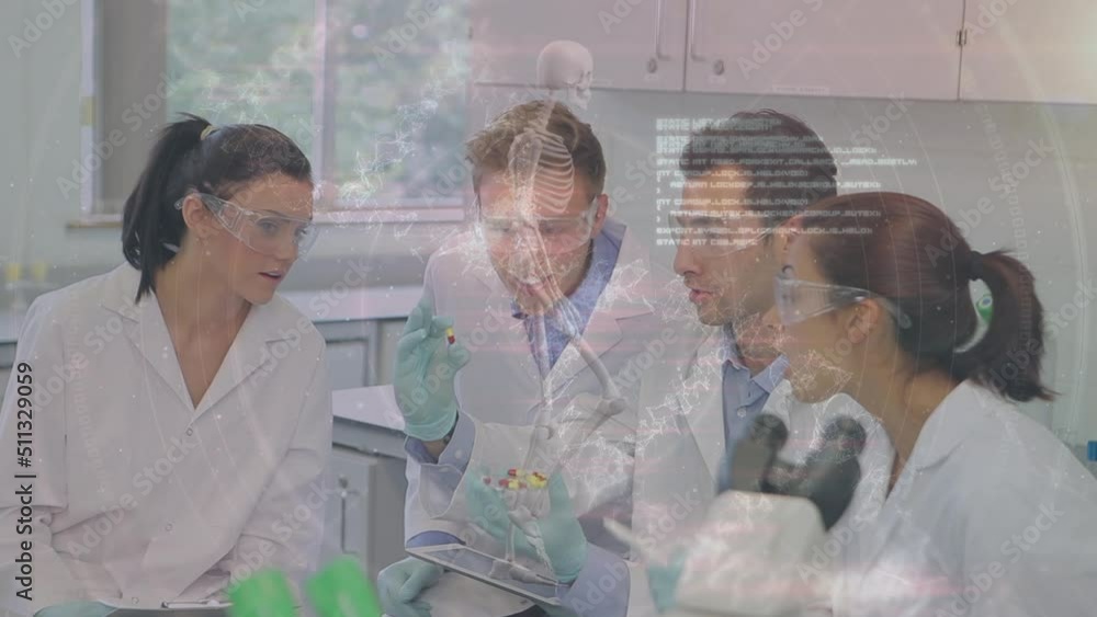 Poster animation of human skeleton and data processing over diverse scientists in laboratory
