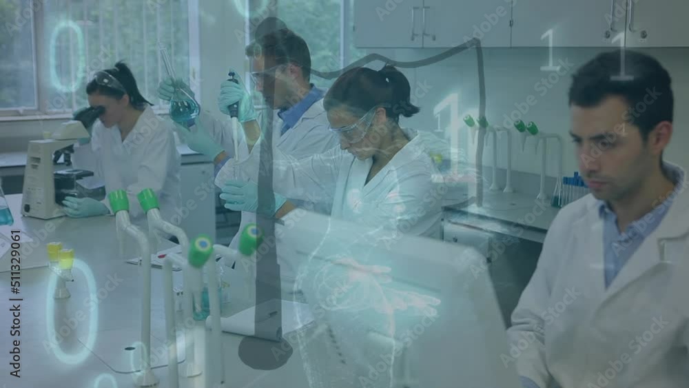 Poster animation of binary coding, data processing over diverse scientists in laboratory