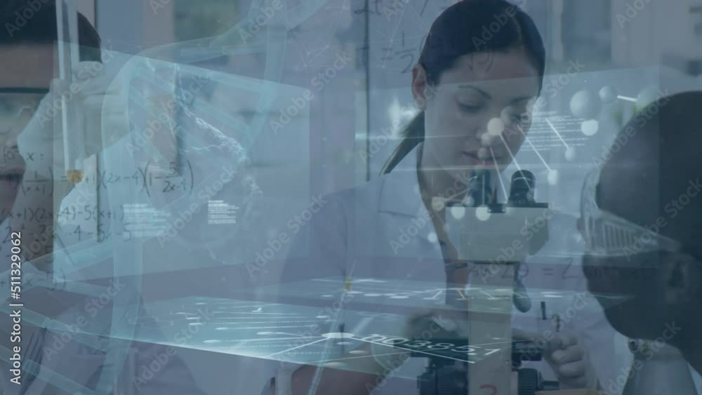 Poster animation of dna strand and data processing over diverse scientists in laboratory