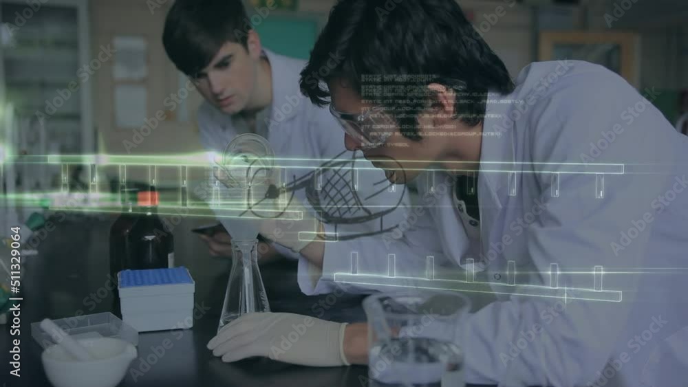 Poster animation of dna strand and data processing over diverse scientists in laboratory