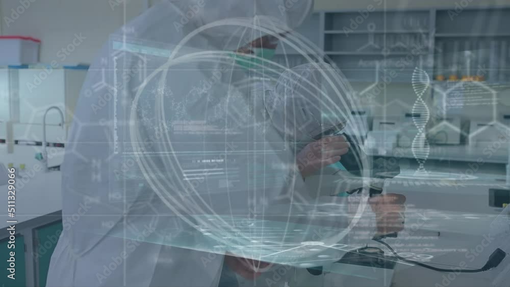 Poster animation of globe, dna strand and data processing over diverse scientists in laboratory
