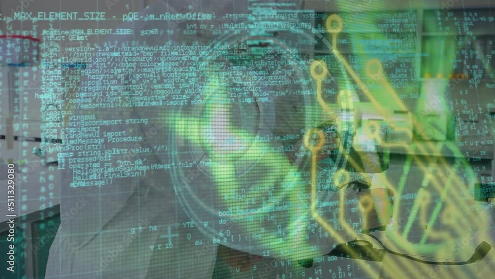 Poster animation of computer circuit board, data processing and scope over diverse scientists in laboratory