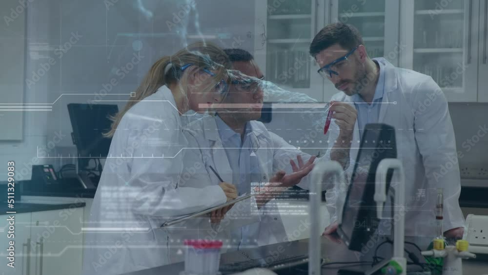 Poster animation of data processing over diverse scientists in laboratory