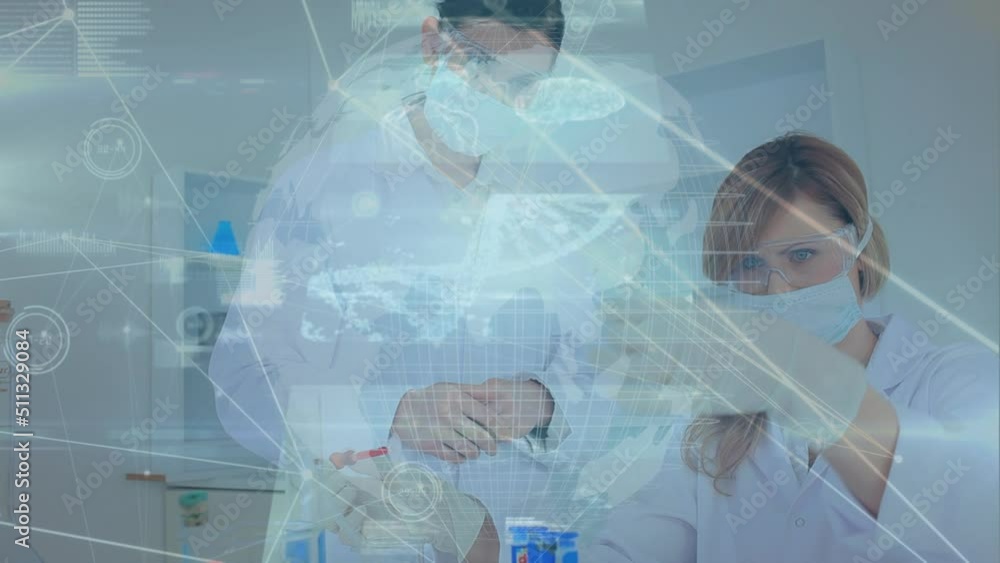 Poster animation of globe, connections and data processing over diverse scientists in laboratory