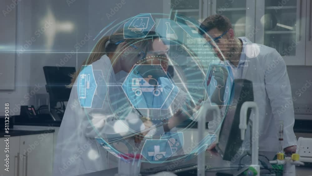 Poster animation of icons, globe, dna strand and data processing over diverse scientists in laboratory