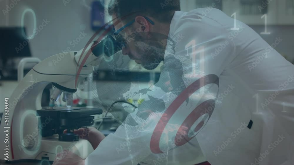 Poster animation of binary coding, globe and data processing over diverse scientists in laboratory