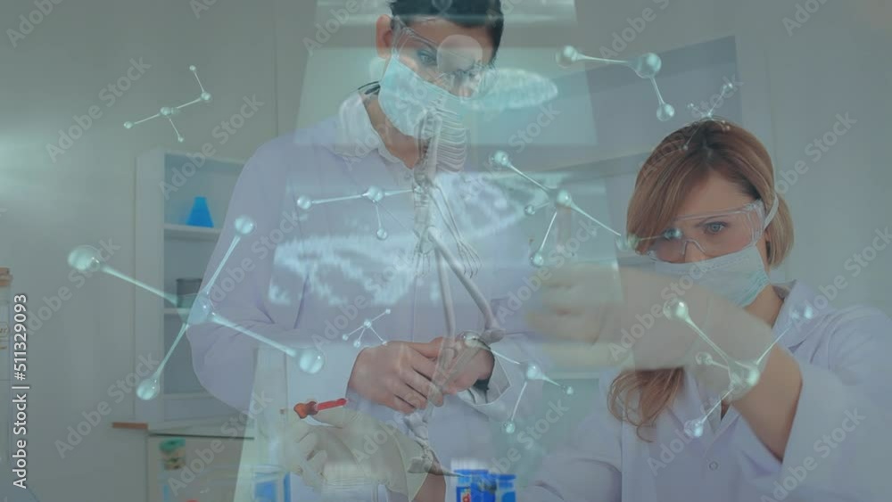 Aufkleber animation of molecules, dna strand and data processing over diverse scientists in laboratory