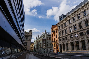 View of old buildings on urban street in Wroclaw
