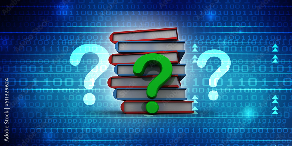 Poster 3d rendering books with question mark symbol