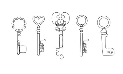 Set of continuous line key icons. Minimalist keys illustration. Vector elements for real estate sale, security concept