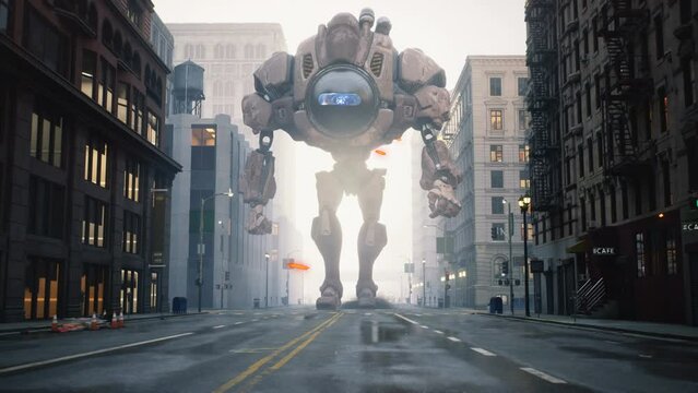 A giant robot invader strides through a smoky and blazing metropolis. Apocalyptic atmosphere of robot invasion. The concept of invasion. Animation perfect for apocalyptic, fiction, sci-fi backgrounds.