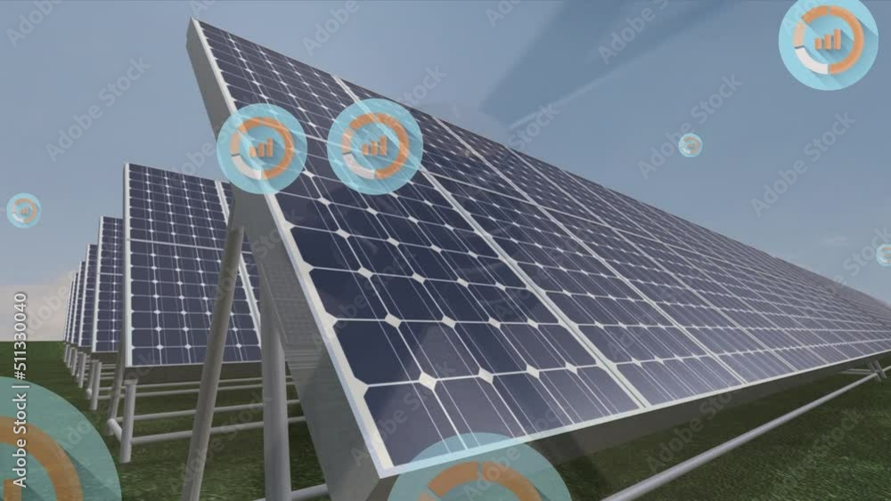 Poster animation of icons with graphs floating over solar panels