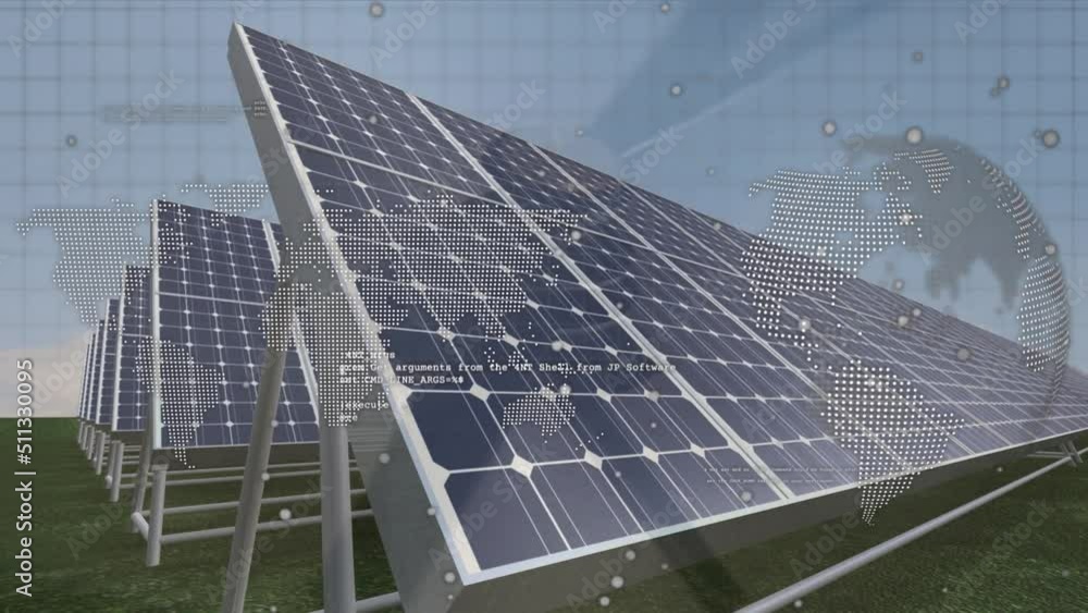 Aufkleber animation of globe and data processing over solar panels