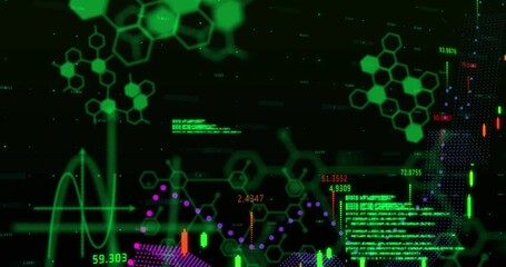 Animation of financial graphs, chemical formulas and data over world map on black background - Powered by Adobe