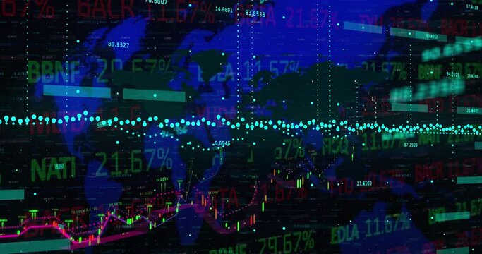Animation of financial graphs and data over world map on black background