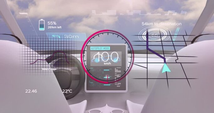 Animation of speedometer and battery lever over car interior and clouds