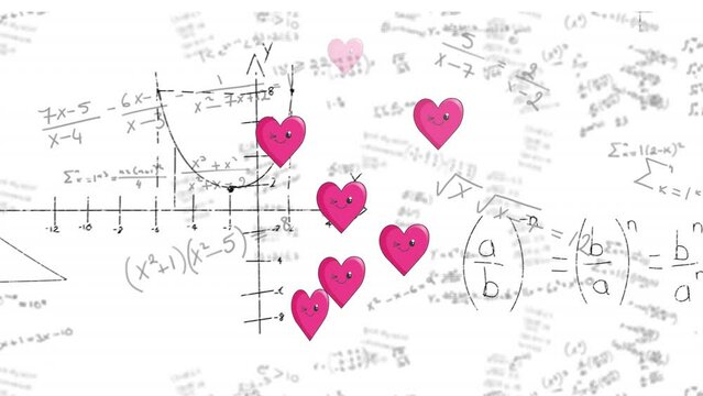 Animation of hearts floating over math formulas on white background - Powered by Adobe