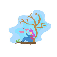 Girl sitting under the tree and play a mobile phone, flat design vector