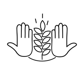 Fototapeta premium Spike in open hands. Export and import of wheat. Save of grain crops. Contour symbol for the protection of nature and the environment. Vector icon