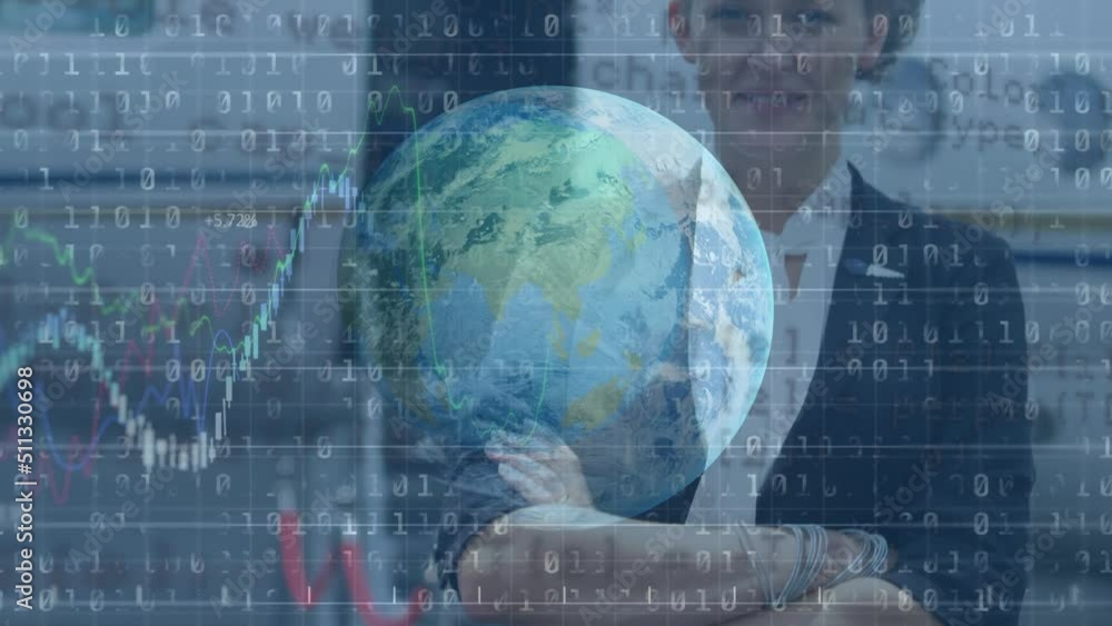 Aufkleber animation of globe, binary code and graphs over happy caucasian businesswoman smiling at camera
