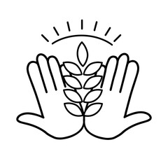 Spike in open hands and sunrise. Save of grain crops. Export and import of wheat. Contour symbol for the protection of nature and the environment. Vector icon