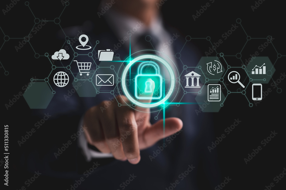 Aufkleber Protecting data with cybersecurity and privacy ideas. Internet network security technologies and the lock symbol. Using virtual screen interfaces, a businessman safeguards sensitive data.