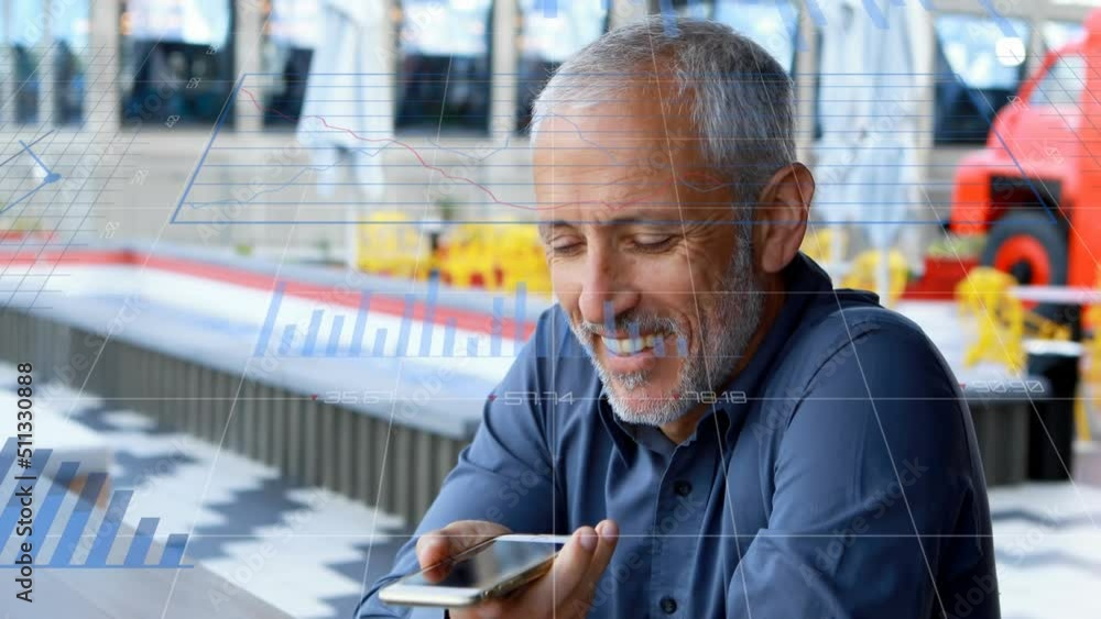 Poster animation of data and graphs over happy biracial man using smartphone