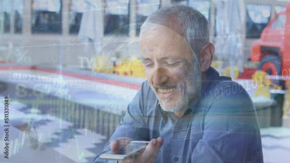 Poster animation of globe and graphs over happy biracial man using smartphone