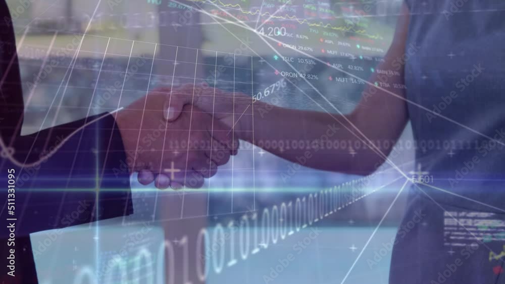 Poster animation of data processing and graphs over diverse businesspeople shaking hands