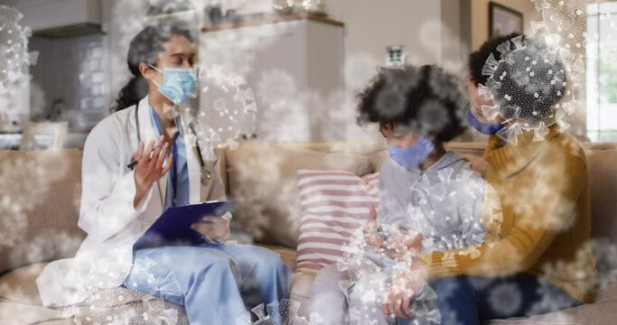 Animation of virus cells over african american female doctor and girl in face mask