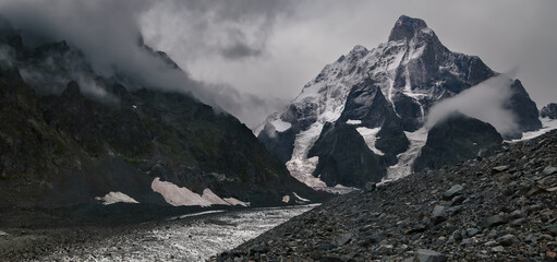 Mount Ushba and Ushba glacier, Svaneti, Georgia.	