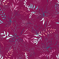 Floral seamless pattern in fuchsia color. Floral print, vector illustration