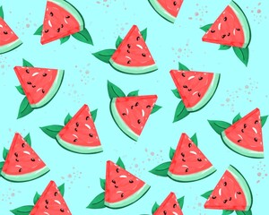 Red summer juicy watermelons, pattern on a turquoise background