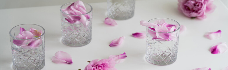 faceted glasses with refreshing tonic and pink floral petals on white surface, banner.