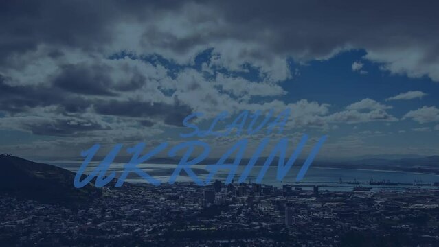 Animation of slava ukraini over seascape and beach