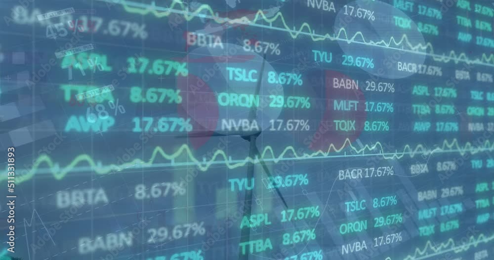 Poster animation of financial data processing over windmill and landscape